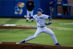 LAWRENCE, KS - 03.06.2025 - right-handed pitcher Cooper Moore #11 of the Kansas Jayhawks during game vs Milwaulkee in Lawrence, KS. Photo by Sydney Allan/Kansas Athletics
